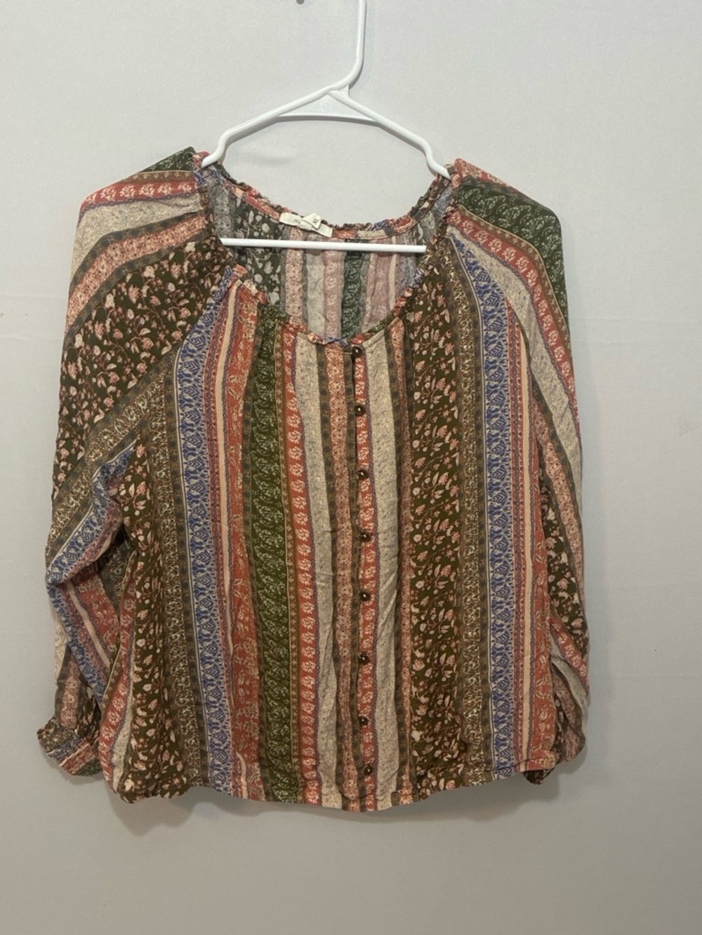 Maurices Olive Multi-Striped Button Front Peasant Blouse
